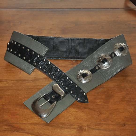 Black & Grey Wide Leather Western Star Medallion Studded Hip Hugger Belt Italy M - Picture 5 of 5